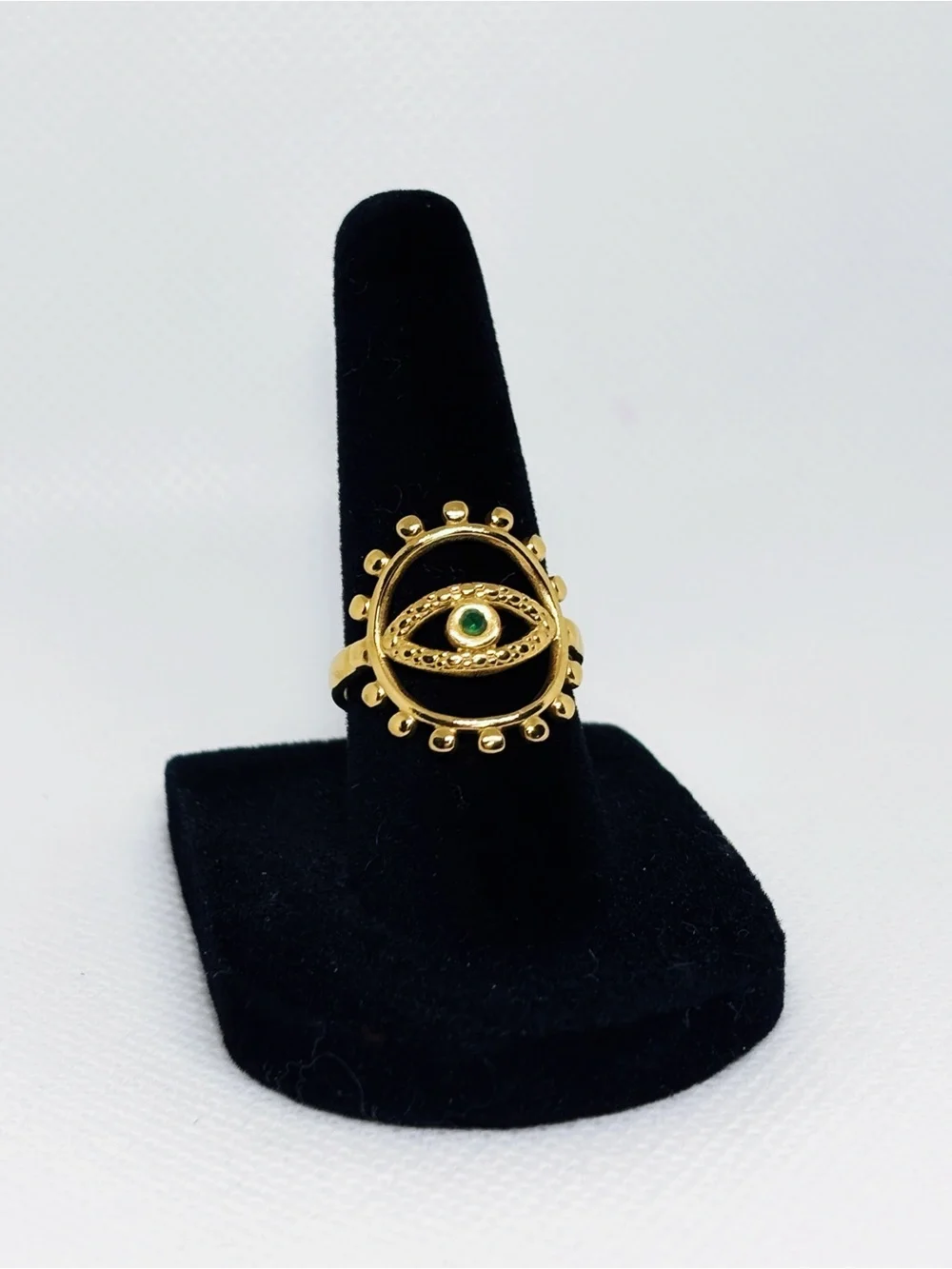 18k Yellow Gold Plated Evil Eye Ring with Green Emerald Stone (Adjustable)